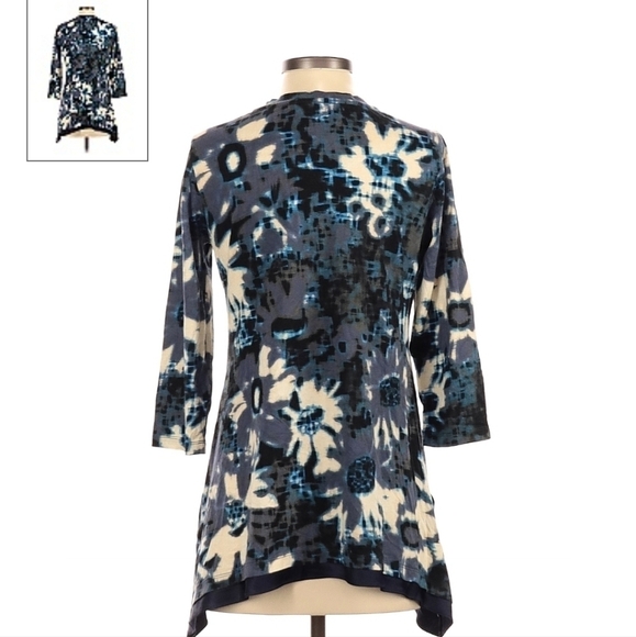 LOGO by Lori Goldstein Blue Floral Tunic Women's Small S Pockets Long Sleeve EUC - Picture 2 of 8